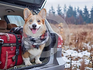 Cute corgi dog in the trunk of a car. AI generative.