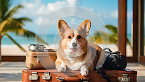 Cute corgi dog wearing sunglasses and sitting on travel suitcase and waiting for a trip. Pet travel concept