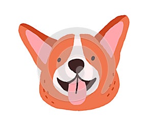 Cute corgi face with tongue out. Funny dogs head. Happy canine animal portrait. Adorable smiley pets muzzle. Sweet