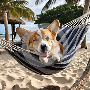 Cute corgi lies in a hammock on a tropical beach