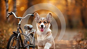 Cute corgi puppy with a playful disposition in the park on a sunny day with children bicycle in the background, banner photo