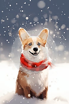 Cute Corgi in the Snow: A Portrait of a Smiling Dog in a Scarf