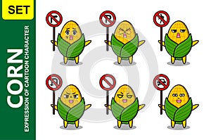 Cute corn cartoon character holding traffic sign