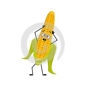 Cute corn cob character with emotions in a panic grabs his head