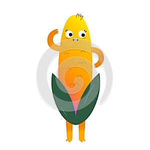 Cute corn cob character, sweet corn, kawaii cartoon character with funny face expression, vector illustration isolated