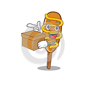 Cute corn dog cartoon character having a box