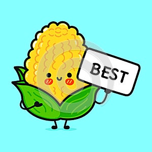 Cute Corn with poster best. Vector hand drawn cartoon kawaii character illustration icon. Isolated on blue background