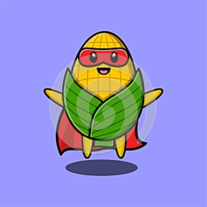 Cute corn superhero character flaying illustration