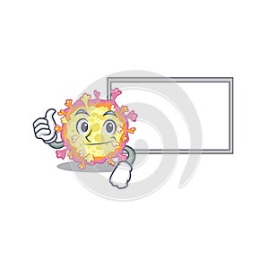 Cute coronaviridae virus cartoon character Thumbs up bring a white board