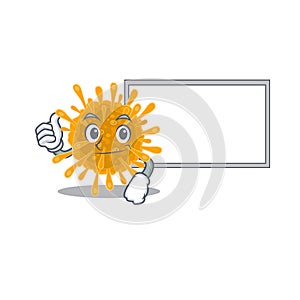 Cute coronaviruses cartoon character Thumbs up bring a white board