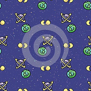 Cute cosmic space background seamless vector pattern. Hand drawn galaxy cartoon, planets, stars for trendy fashion