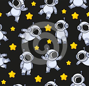 Cute Cosmonaut and Stars Seamless Pattern. Vector