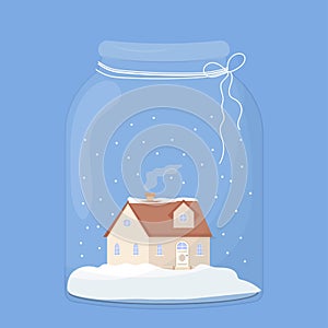 Cute, cosy little house, home with snowflakes in glass jar, text Merry Christmas. Greeting card, poster design