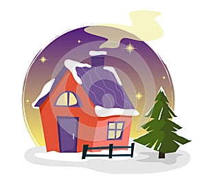 Cute country house with a Christmas tree, fence and stars on a white background. Flat style illustration. Perfect decor for Christ
