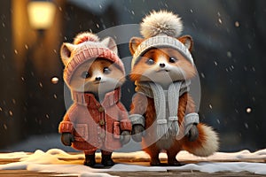 cute couple of animals are warmly dressed in winter, wrapped in cozy, natural fur or feathers. adorable huddle together