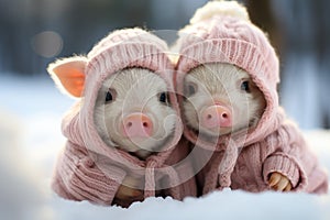 cute couple of animals are warmly dressed in winter, wrapped in cozy, natural fur or feathers. adorable huddle together