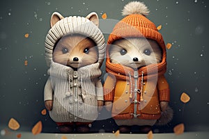 cute couple of animals are warmly dressed in winter, wrapped in cozy, natural fur or feathers. adorable huddle together