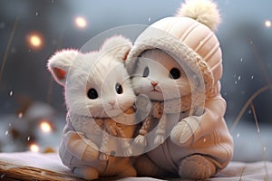 cute couple of animals are warmly dressed in winter, wrapped in cozy, natural fur or feathers. adorable huddle together