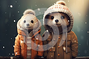 cute couple of animals are warmly dressed in winter, wrapped in cozy, natural fur or feathers. adorable huddle together