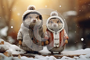 cute couple of animals are warmly dressed in winter, wrapped in cozy, natural fur or feathers. adorable huddle together