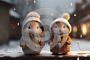 cute couple of animals are warmly dressed in winter, wrapped in cozy, natural fur or feathers. adorable huddle together