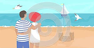 Cute couple at the beach. Woman nad man om summer vacations. Happy family vector illustration.