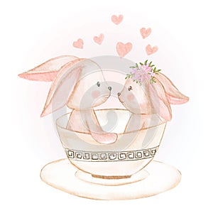 Cute Couple Bunny in a cup watercolor illustration