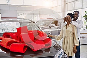 Cute couple in cars showroom