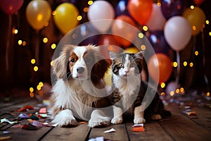 A cute couple, cat and dog, they celebrate and pose for photos, balloons and flashes of light in the background