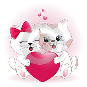 Cute couple cat and heart watercolor illustration