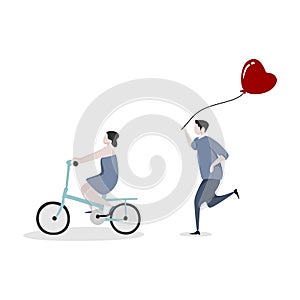 Cute couple character with a man running to catch a girl to give a heart balloon. The girl is riding a bicycle. Concept of