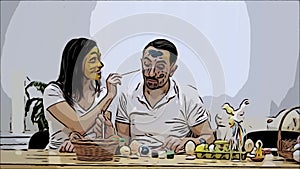 Cute couple is colorizing each other with a help of Easter paint-brush. Suddenly, they noticed that we`re looking at