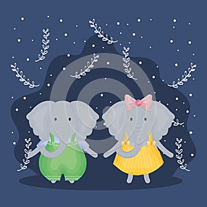 Cute couple elephants with clothes characters