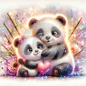 A cute couple of fluffy panda bear cub, surrounded by bamboo sticks and flowers, hugging a heart, dreamy, cartoon, love scene