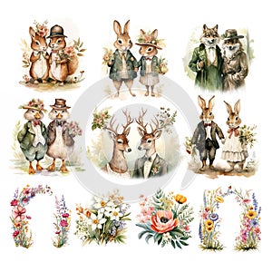 Cute couple forest animals for valentine s day. Vintage style watercolor illustration.