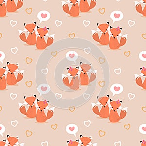 Cute couple fox and heart seamless pattern