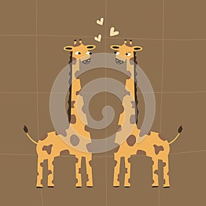 Cute couple of giraffes in love. Cartoon African animals.