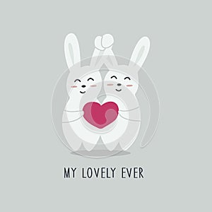 Cute couple of hares hold pink heart. Hand drawn vector