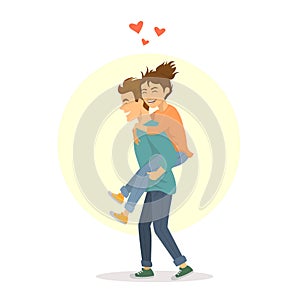 Cute couple have fun, young man carries girlfriend on back photo