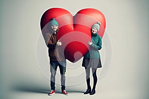 Cute couple holding a big red puzle heart, Valentines day and love concept. Generative AI photo