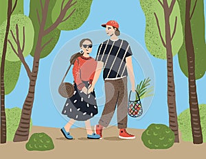 Cute couple holding hands walking together at summer park vector flat illustration. Enamored people carrying grocery bag photo