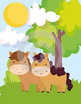 Cute couple horse tree sun farm animal cartoon