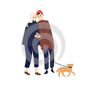 Cute couple hugging hold gift box walking with dog vector flat illustration. Enamored pair at romantic date feeling love