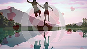 Cute couple jumping in a lake with digital hearts on the background