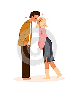 Cute couple kissing isolated on white. First kiss concept.