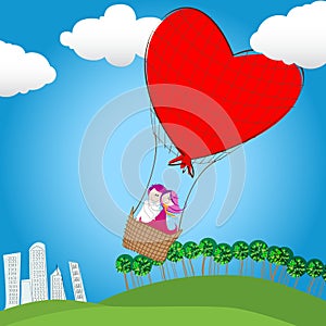 Cute couple in love flying on a hot air balloon