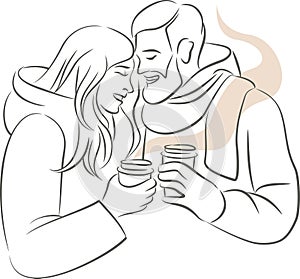 Cute couple in love in warm clothes holding paper cups with hot coffee or mulled wine in their hands