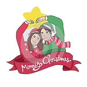 Cute couple make love sign by hand Merry Christmas cartoon illustration