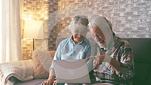 Cute couple of old people sitting on the sofa using laptop together shopping and surfing the net. Two mature people wearing