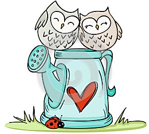 Cute couple owls on love watering can